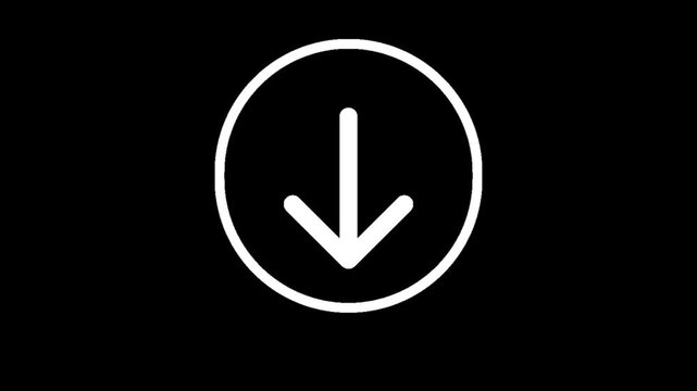 White down arrow icon in circle on solid black background representing download save installation or direction concept