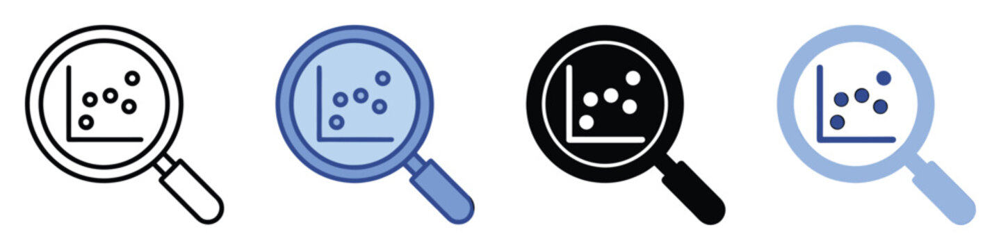 Magnifying glass analyzing scatter plot data to find business insights and explore market trends for statistical research.