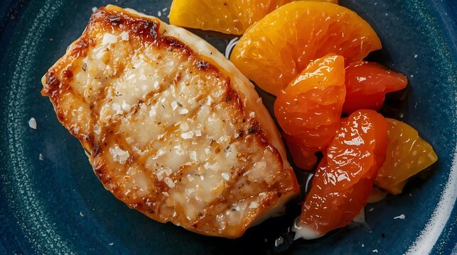 A succulent overhead macro shot of a pan-fried swordfish steak seasoned with sea salt and served with a vibrant citrus segment salad.
