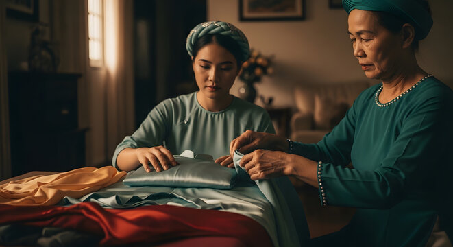 Two women in green silk outfits carefully folding and preparing vibrant textile materials on a table for a tailoring project