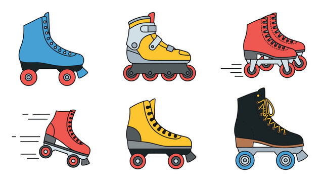 Colorful array of quad roller skates and inline rollerblades ideal for depicting sports, active leisure, and fun.