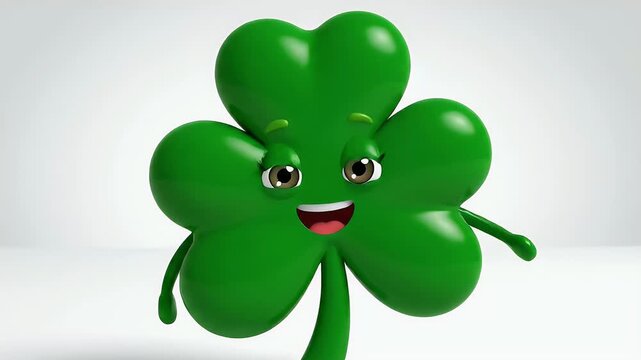 A cheerful, cartoon-style four-leaf clover with a smiling face floats against a clean white background, radiating positivity and good luck.