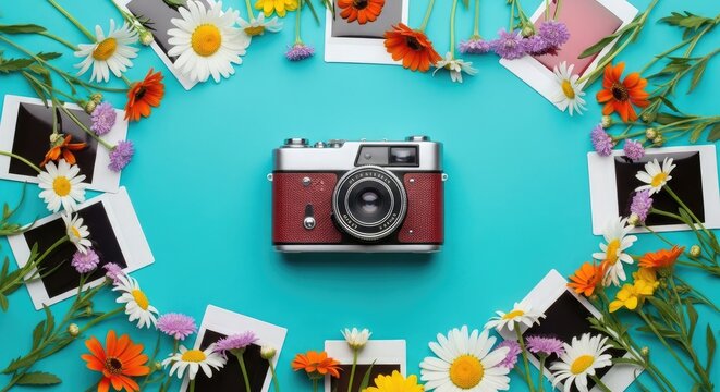 Vintage camera surrounded by flowers and photographs on teal background