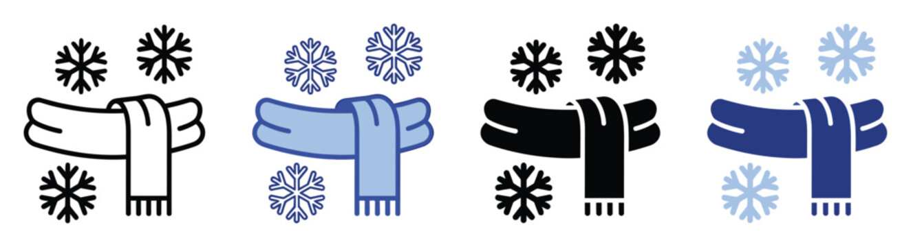 Winter season weather accessory icon set featuring cozy scarf and falling snowflakes for app or website graphics