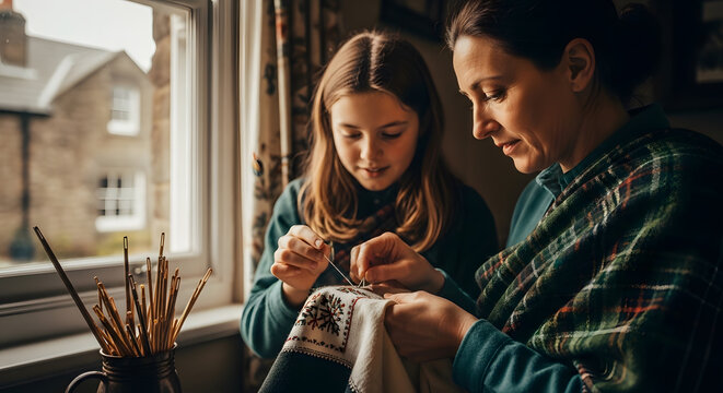 Family members sharing a quiet moment learning traditional needlework and floral pattern stitching in a cozy home environment