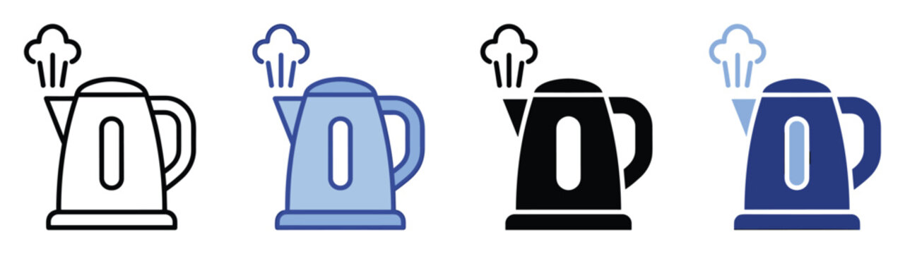 Electric kettle icons with steam for kitchen apps, hot beverage menus, and household appliance guides.