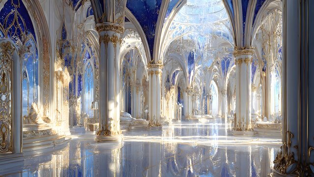 Luxurious Ornate Hallway with Blue Gold Decor and Reflective Floor