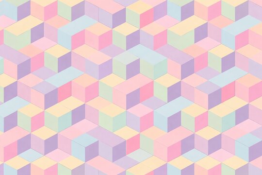 Colorful 3D cubes in pastel shades create a visually appealing geometric pattern with soft pink, blue, purple, and yellow blocks arranged in a repeating design.