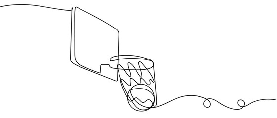 A basketball going into the hoop. in continuous one line drawing. Minimalistic Doodle vector illustration Editable stroke. © Proongnee