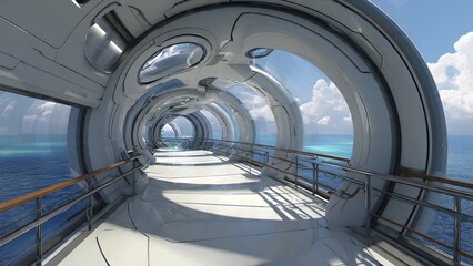 Fototapeta premium Futuristic Circular Corridor Overlooking Ocean