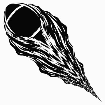 American football fireball vector illustration, flaming sports ball with motion trail, black and white athletic graphic for team logos and apparel