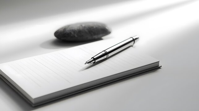 A sophisticated minimalist workspace featuring a high-quality fountain pen resting on a crisp white lined notepad accompanied by a smooth stone paperweight.
