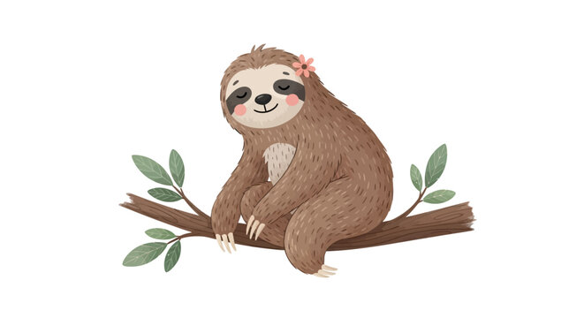 Adorable Sloth Sitting on Branch with Flower and Pink Cheeks