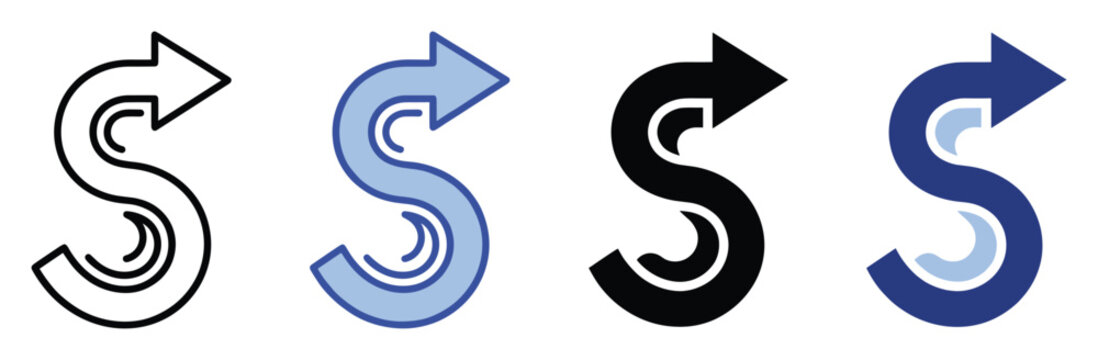 Modern arrow graphic flowing into an Sshaped path suitable for mapping, flow diagrams, and sequential guidance