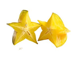 Fototapeta premium Bright yellow starfruit halves revealed with glistening seeds