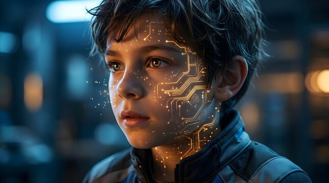 Young boy's face illuminated by glowing circuit patterns, symbolizing the profound integration of AI and human potential in a technologically advanced future