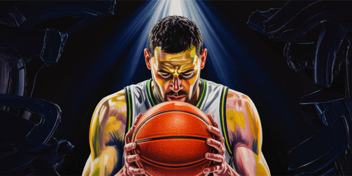 Dramatic basketball player under spotlight holding ball in wheelchair arena, powerful adaptive sports illustration