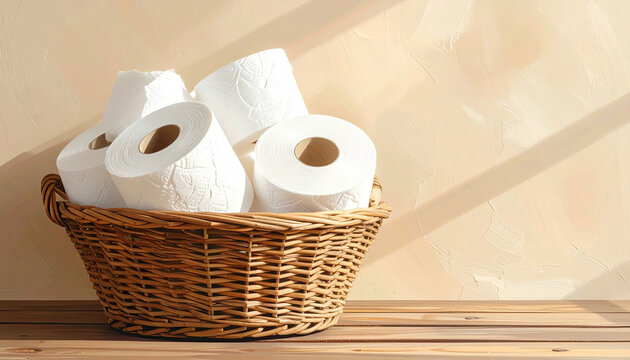 Wicker Basket Filled with White Toilet Paper Rolls on Wooden Surface