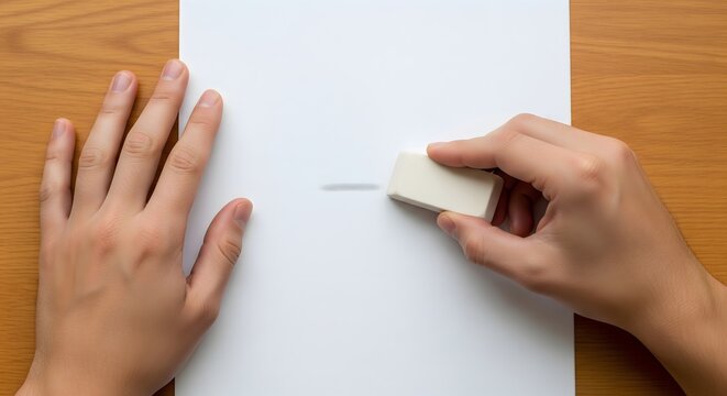 A person's hands are shown from a top-down perspective, using a white eraser to remove a pencil mark from a blank sheet of paper on a wooden desk.