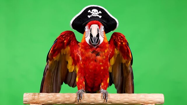 A vibrant red and yellow macaw parrot, adorned with a classic pirate hat, sits attentively on a wooden perch against a striking green background, ready for adventure