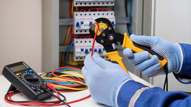 An electrician installs a wall outlet.
​He uses a yellow-handled screwdriver.
​Bright colored wires are pulled out.
​The technician works on white sockets.
​He wears a blue professional uniform.2