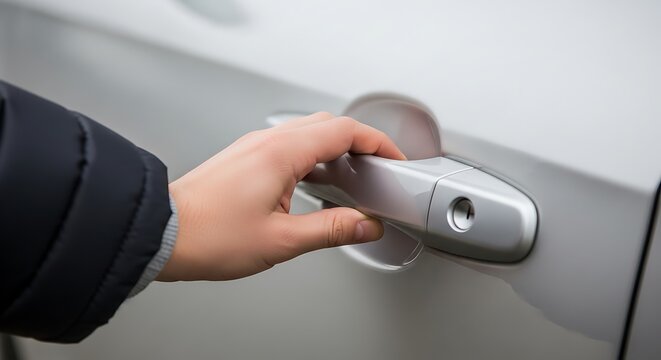 Close up of a person's hand opening a silver car door handle