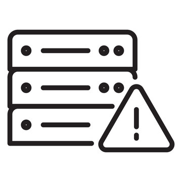 Linear illustration of a stack of server units with a warning triangle signifying a technical database or hosting failure