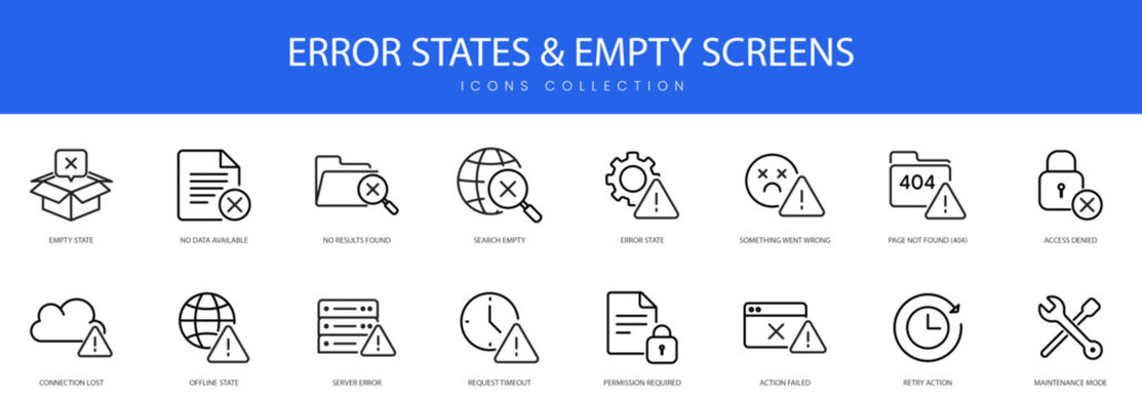 A specialized set of icons representing system errors, empty states, and technical connection issues