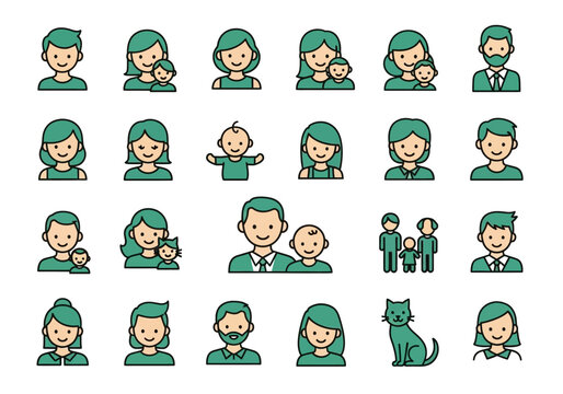 Modern Flat Vector People and Family Icon Set: Avatars of Men, Women, Children, and Pets in Teal Design for UI and Profile Use