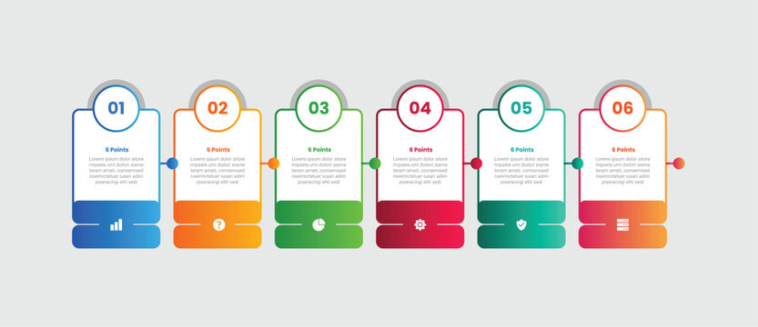6 points infographic with gradient style with creative table box container with circle badge on top and dot line connector with 6 elements stages