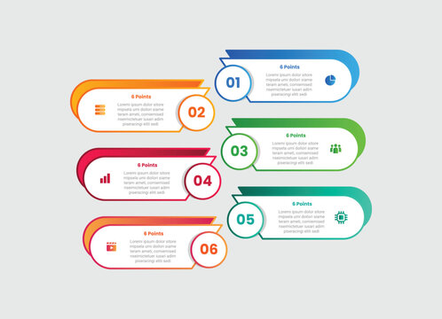 6 points infographic with gradient style with round rectangle with sharp cut with double layer and circle badge with 6 elements stages