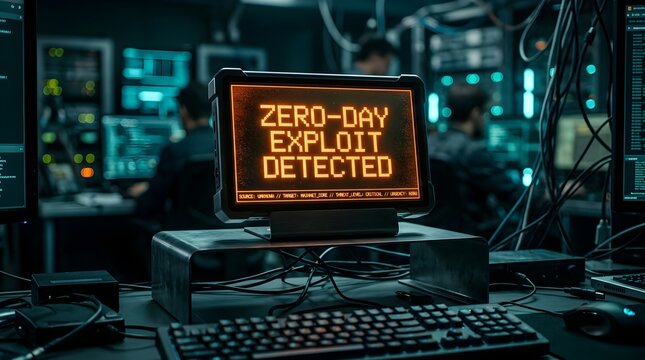 Critical zero-day exploit detected on a prominent screen in a busy, dark operations center, highlighting advanced cyber threat response