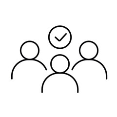 A vector icon representing consensus with a group of people and a check mark above them, created in line style with editable stroke © GrandDesign