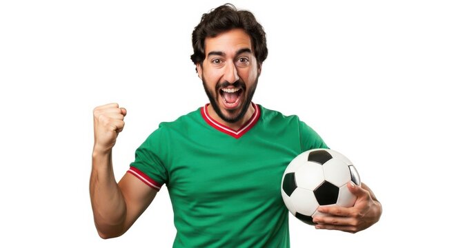 Man in green soccer jersey holding soccer ball with excited expression isolated on white background