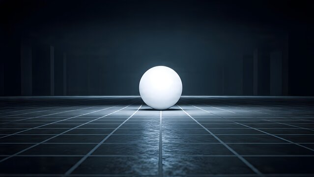 Glowing White Sphere on Grid Floor in Dark Futuristic Space