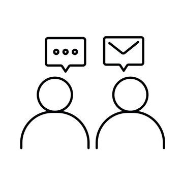 A vector icon representing asynchronous work with two people communicating through messages, created in line style with editable stroke