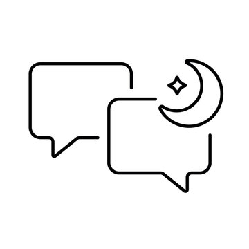 A vector icon representing asynchronous communication with chat bubbles and moon symbol, created in line style with editable stroke