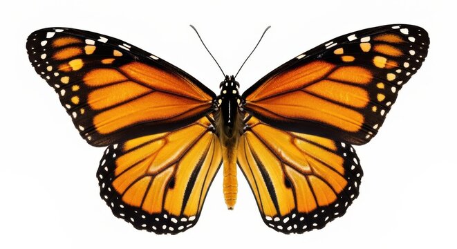 Vibrant monarch butterfly isolated on white background with open wings