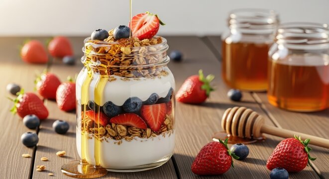 Delicious yogurt parfait with granola, strawberries, blueberries, and honey on a wooden table