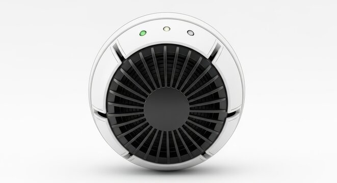 Modern air purifier with sleek design and indicator lights on white background