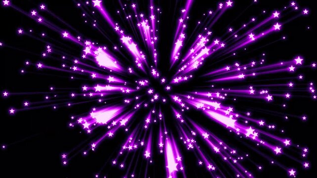 Magic exploding shooting stars cannon bomb burst explosion reveal transition graphic, dust trail loop on black screen. glittering stars lines, fairy dust wand glitter stars trail transition. 4k