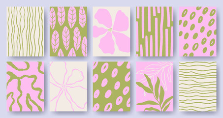 Naklejka premium Hand drawn abstract floral and botanical pattern collection with organic shapes in pink and green. Perfect for branding, packaging, textile design, social media, and creative projects.