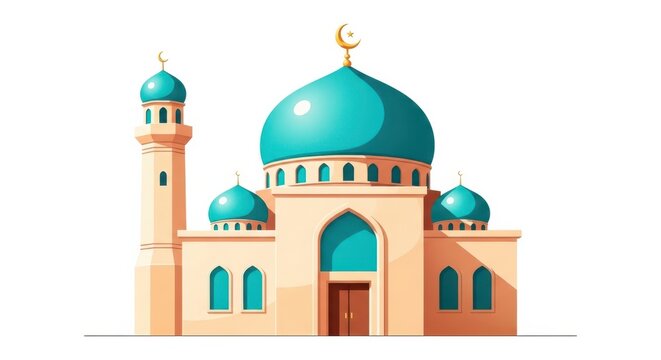 Vector illustration of a mosque with blue domes and minarets isolated on white background