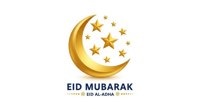 Eid mubarak celebration with golden crescent moon and stars on white background