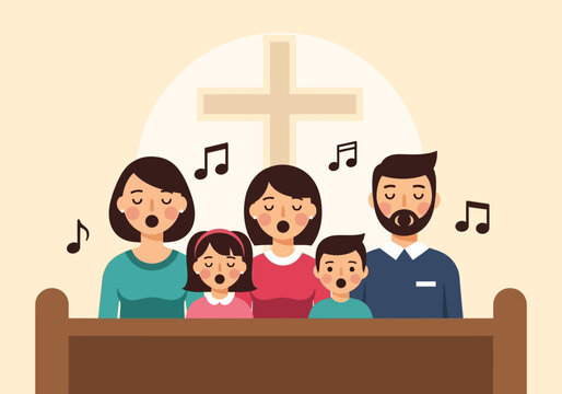 Family Choir Singing Praise and Worship Hymns in Church Illustration