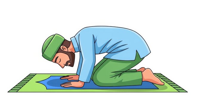 Man in green hat and clothes praying on blue and green mat on white background