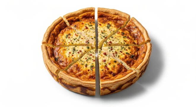 Sliced quiche lorraine on white background, savory tart with herbs and cheese