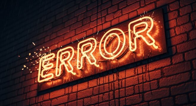 Neon error sign on a brick wall at night with sparks