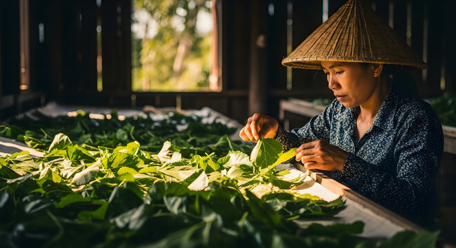 Woman in a conical hat carefully selecting green leaves on a drying rack inside a traditional wooden workshop