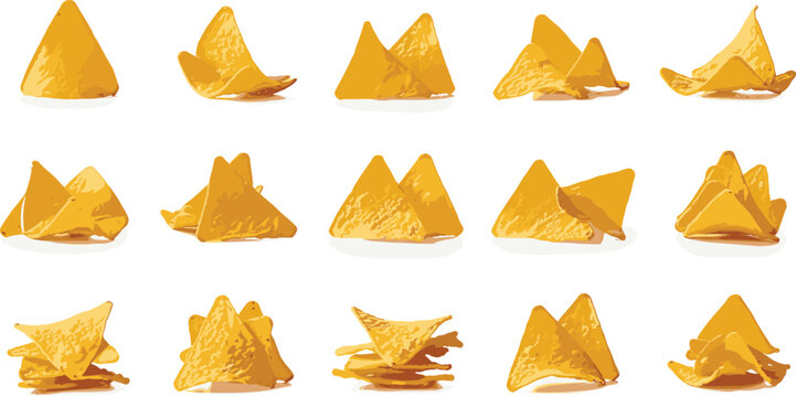 Crispy corn tortilla chips set isolated on white background flavored triangle nacho snack collection for Mexican food menu design, crunchy appetizers, and salty snack advertising.